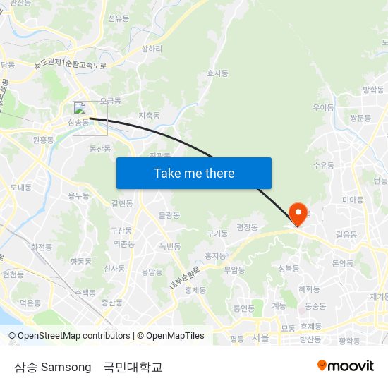 삼송 Samsong to 국민대학교 map