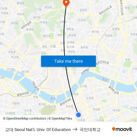 교대 Seoul Nat'L Univ. Of Education to 국민대학교 map