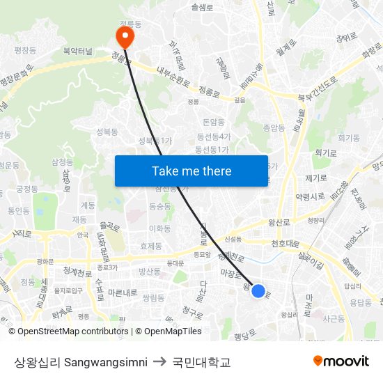 상왕십리 Sangwangsimni to 국민대학교 map