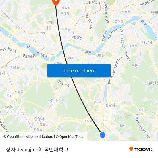 정자 Jeongja to 국민대학교 map