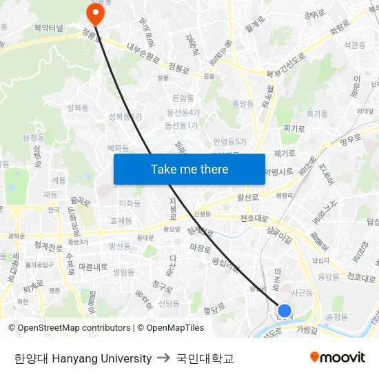 한양대 Hanyang University to 국민대학교 map