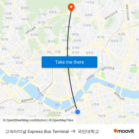 고속터미널 Express Bus Terminal to 국민대학교 map