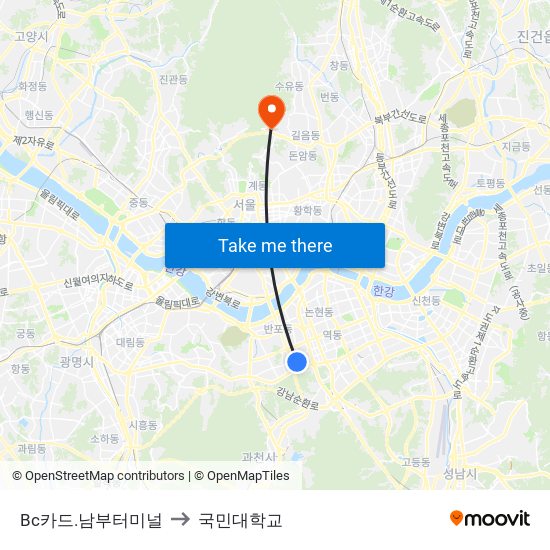 Bc카드.남부터미널 to 국민대학교 map