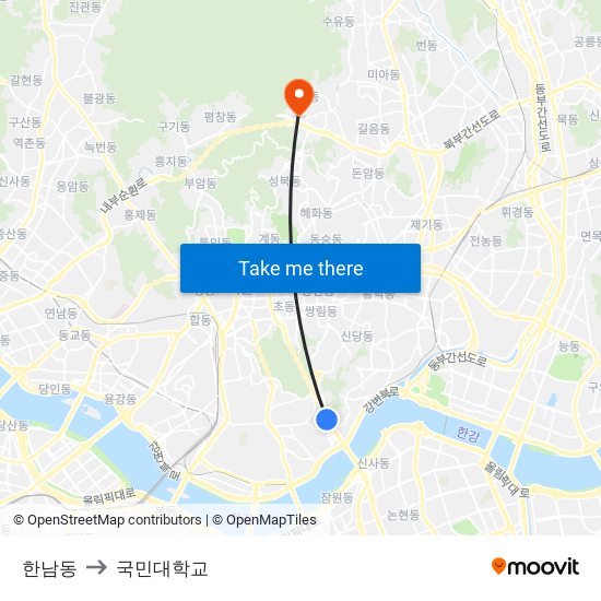 한남동 to 국민대학교 map