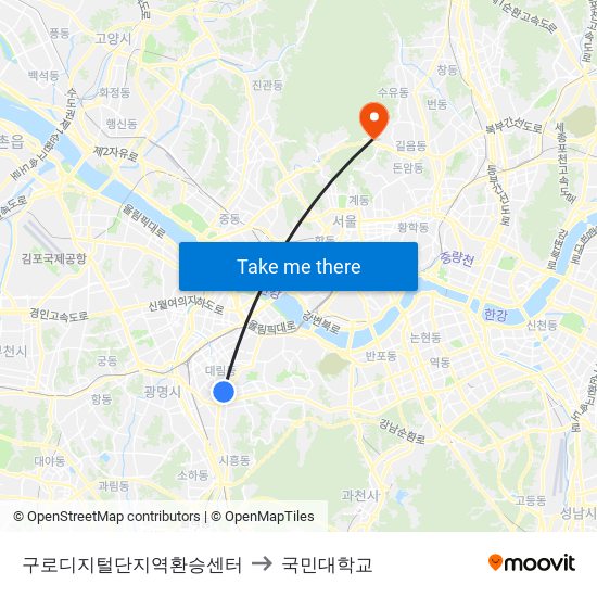 구로디지털단지역환승센터 to 국민대학교 map