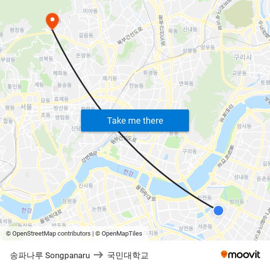 송파나루 Songpanaru to 국민대학교 map
