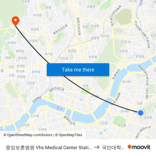 중앙보훈병원 Vhs Medical Center Station to 국민대학교 map