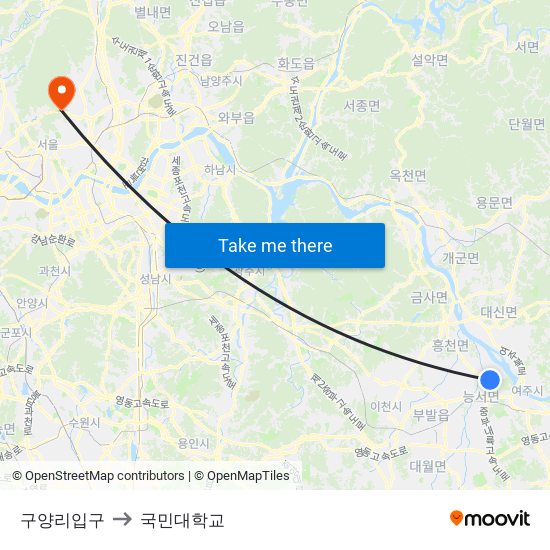 구양리입구 to 국민대학교 map