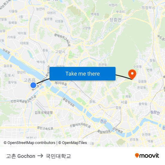 고촌 Gochon to 국민대학교 map