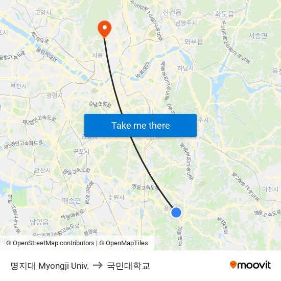 명지대 Myongji Univ. to 국민대학교 map