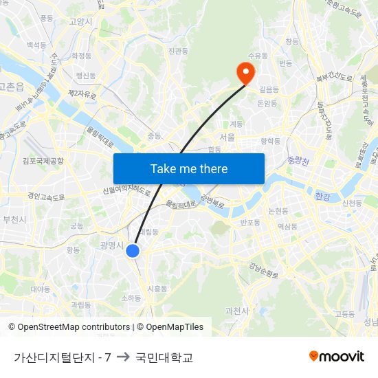가산디지털단지 - 7 to 국민대학교 map