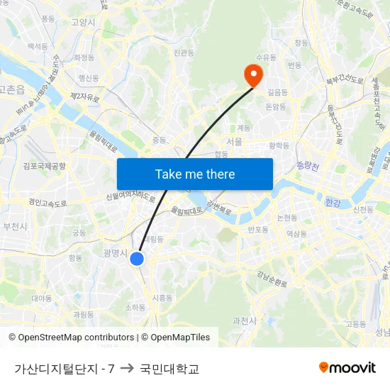 가산디지털단지 - 7 to 국민대학교 map