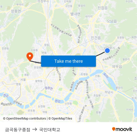 금곡동구종점 to 국민대학교 map