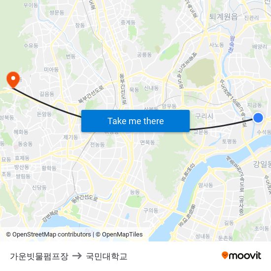 가운빗물펌프장 to 국민대학교 map