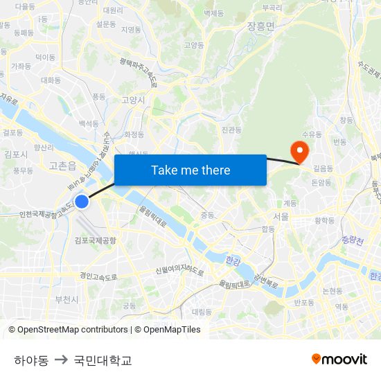 하야동 to 국민대학교 map