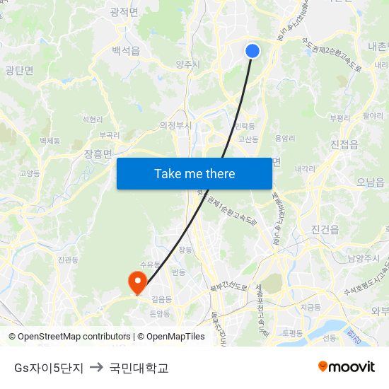 Gs자이5단지 to 국민대학교 map