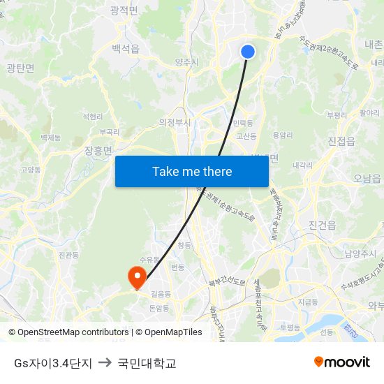 Gs자이3.4단지 to 국민대학교 map