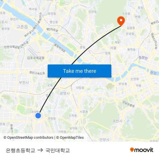 은행초등학교 to 국민대학교 map