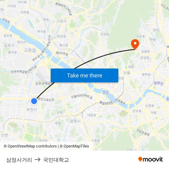 삼정사거리 to 국민대학교 map