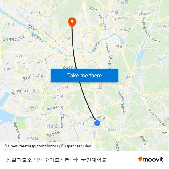 상갈파출소.백남준아트센터 to 국민대학교 map