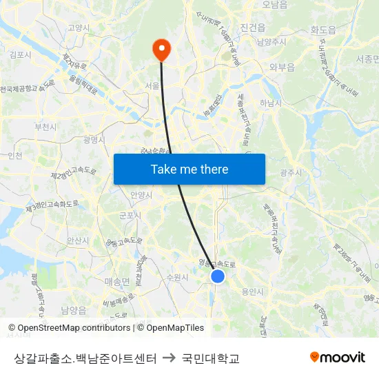 상갈파출소.백남준아트센터 to 국민대학교 map