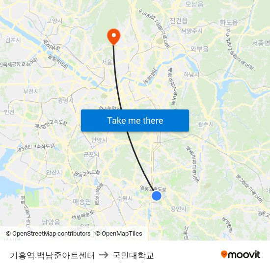 기흥역.백남준아트센터 to 국민대학교 map