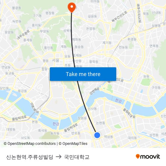 신논현역.주류성빌딩 to 국민대학교 map