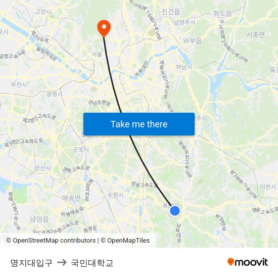명지대입구 to 국민대학교 map
