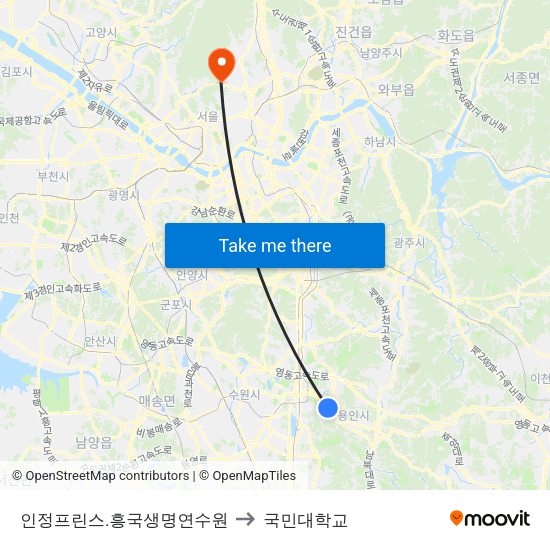 인정프린스.흥국생명연수원 to 국민대학교 map