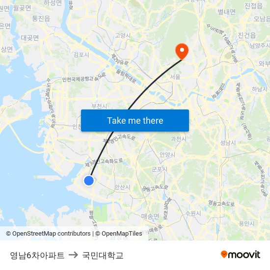 영남6차아파트 to 국민대학교 map