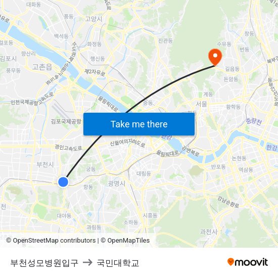 부천성모병원입구 to 국민대학교 map