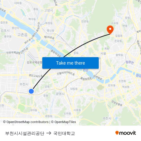 부천시시설관리공단 to 국민대학교 map