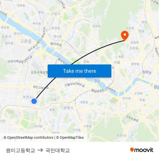 원미고등학교 to 국민대학교 map