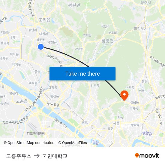 고흥주유소 to 국민대학교 map