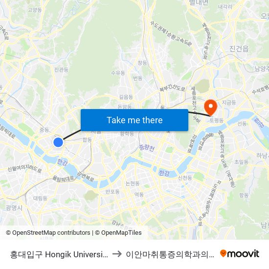 홍대입구 Hongik University to 이안마취통증의학과의원 map