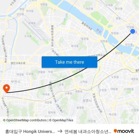 홍대입구 Hongik University to 연세봄 내과소아청소년과 map