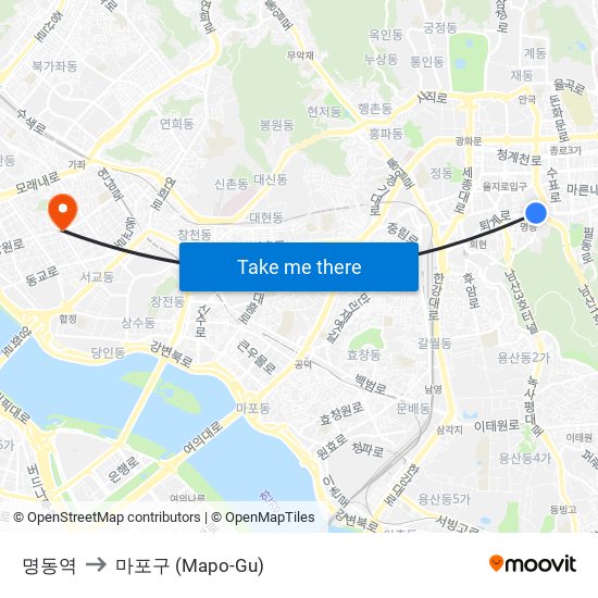 명동역 to 마포구 (Mapo-Gu) map