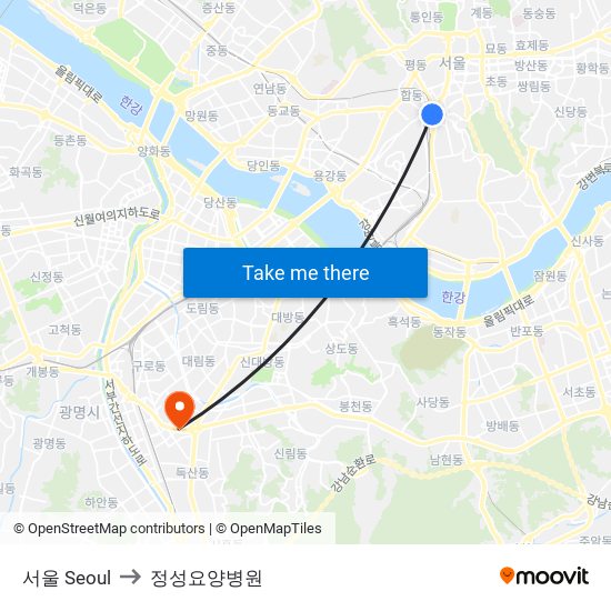 서울 Seoul to 정성요양병원 map