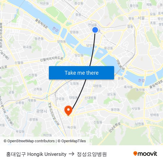 홍대입구 Hongik University to 정성요양병원 map