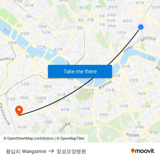 왕십리 Wangsimni to 정성요양병원 map