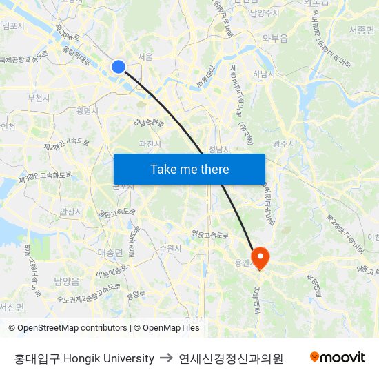 홍대입구 Hongik University to 연세신경정신과의원 map