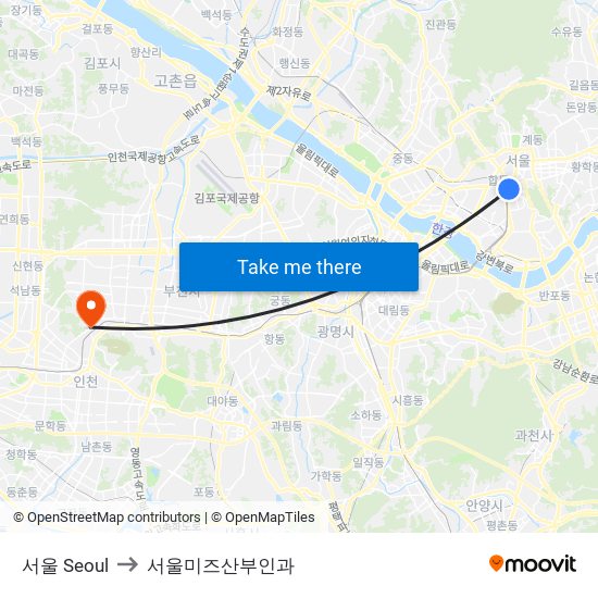 서울 Seoul to 서울미즈산부인과 map