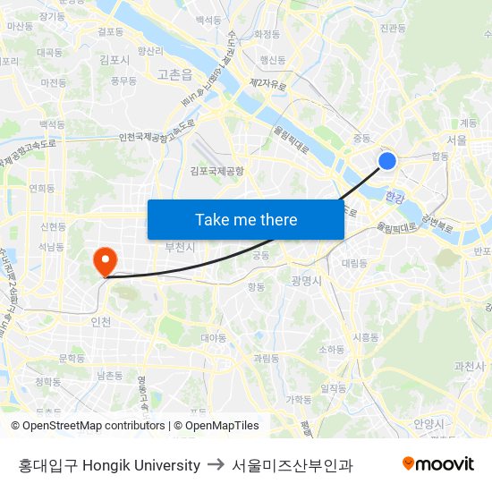 홍대입구 Hongik University to 서울미즈산부인과 map