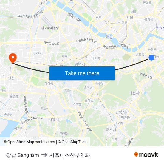 강남 Gangnam to 서울미즈산부인과 map