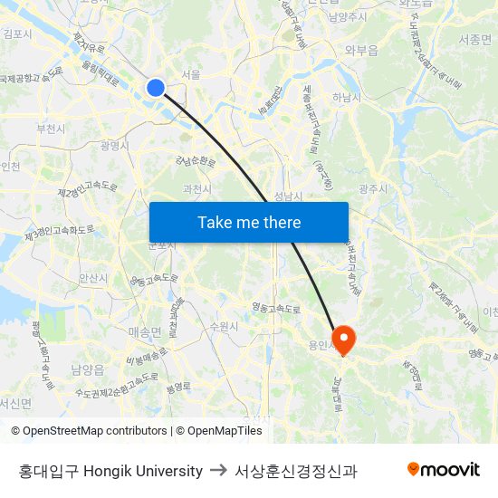 홍대입구 Hongik University to 서상훈신경정신과 map