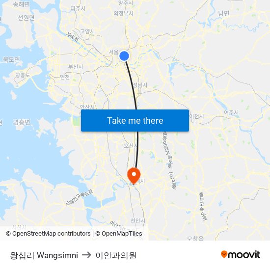 왕십리 Wangsimni to 이안과의원 map