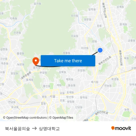 북서울꿈의숲 to 상명대학교 map