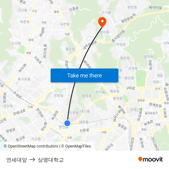 연세대앞 to 상명대학교 map