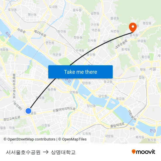 서서울호수공원 to 상명대학교 map