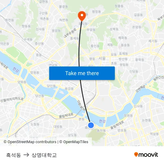 흑석동 to 상명대학교 map